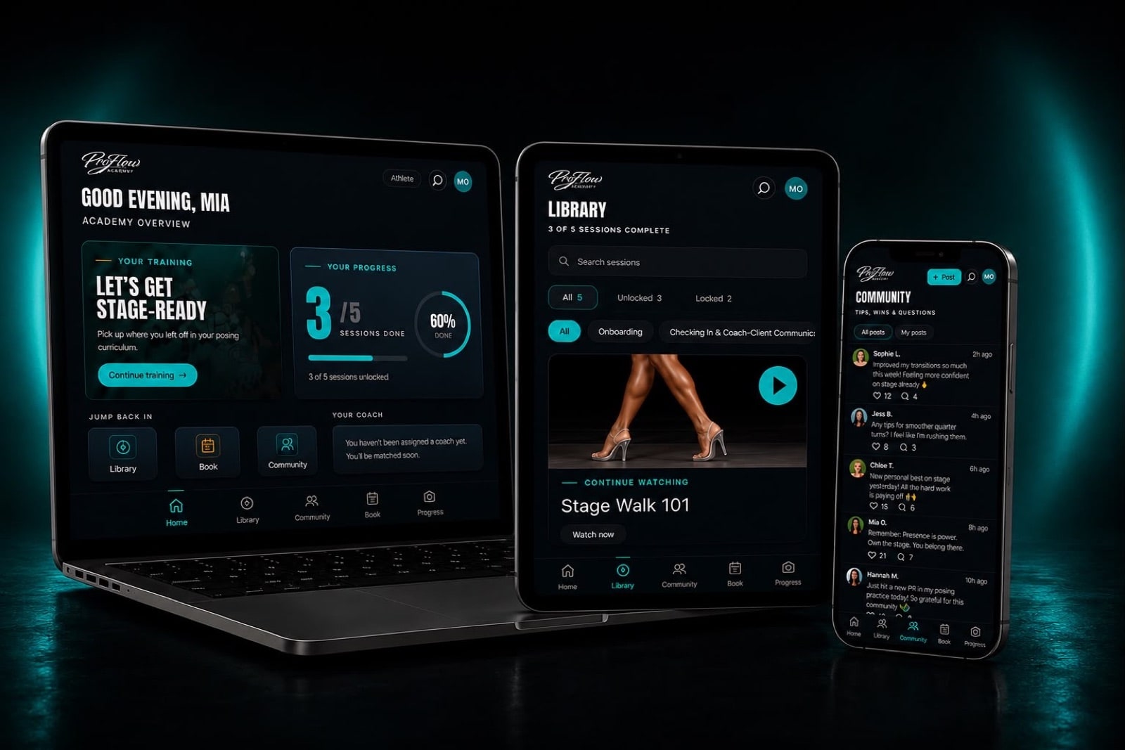 The ProFlow Academy app shown on a laptop, tablet, and phone